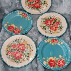 Teal & Cream Floral Ceramic Salad Plate Set